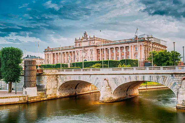 Riksdag Parliament Building And Norrbro Bridge In Stockholm, Sweden. Famous Landmark.