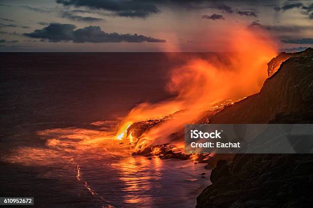 Hawaiian Lava Flow Into The Pacific Ocean Stock Photo - Download Image Now - Big Island - Hawaii Islands, Hawaii Islands, Lava