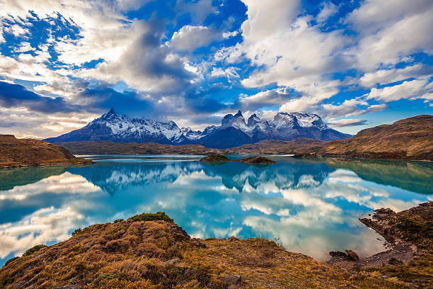 Torres del Paine Park The Torres del Paine National Park sunset view. Torres del Paine is a national park encompassing mountains, glaciers, lakes, and rivers in southern Patagonia, Chile. patagonia chile photos stock pictures, royalty-free photos & images