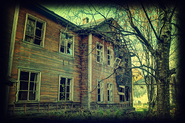 istock Old ruined wooden house. 610953246