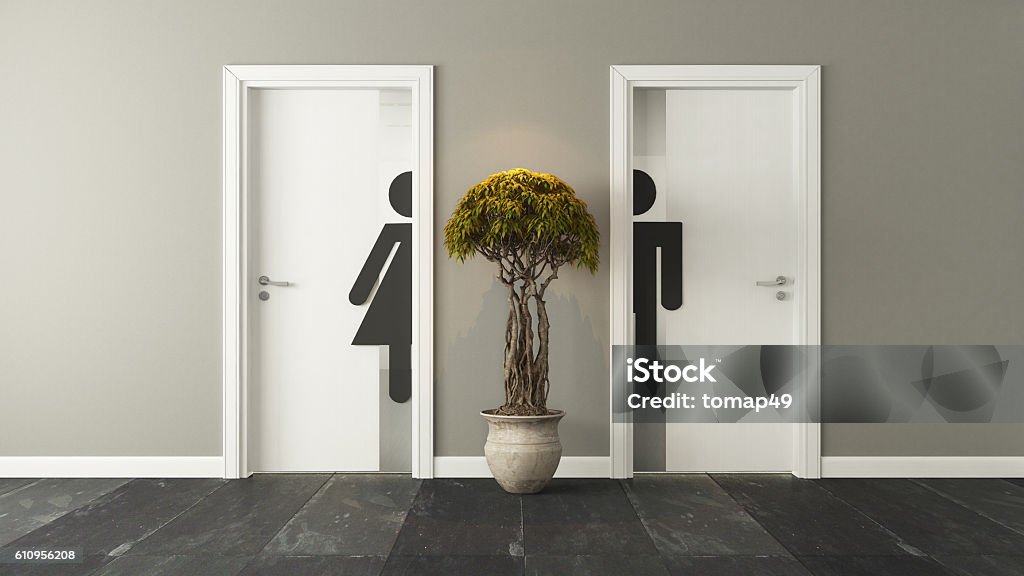 puertas de baño blancas para hombres y mujeres - Foto de stock de Baño libre de derechos
