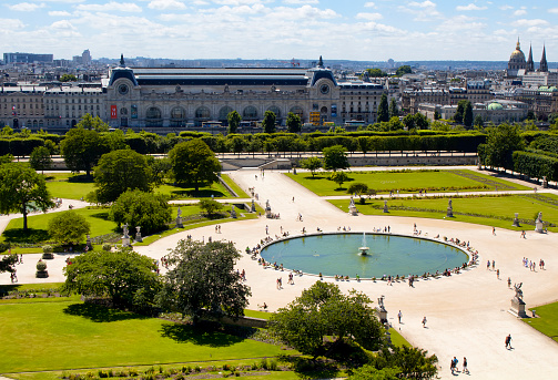 Paris, France - July 9, 2016: Aerial view of Jardin des Tuileries and Orangerie Museum in Paris. People hang out around pool in the park.