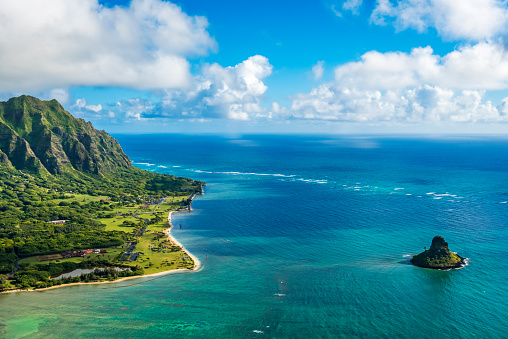 Aerial view of Kualoa Point and Mokoli’i at Kaneohe Bay, Oahu, Hawaii, USA