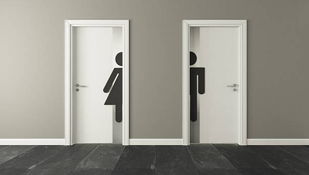 istock white restroom doors for male and female 610957266