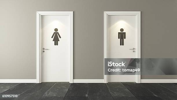 Foto de Portas De Banheiro Branco Para Homens E Mulheres e mais fotos de stock de Porta - Porta, Banheiro - Estrutura construída, Banheiro Público