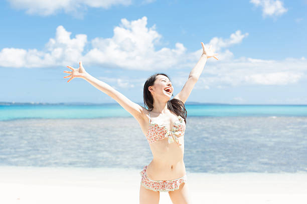 istock Japanese woman wearing bikini on the beach 610958400
