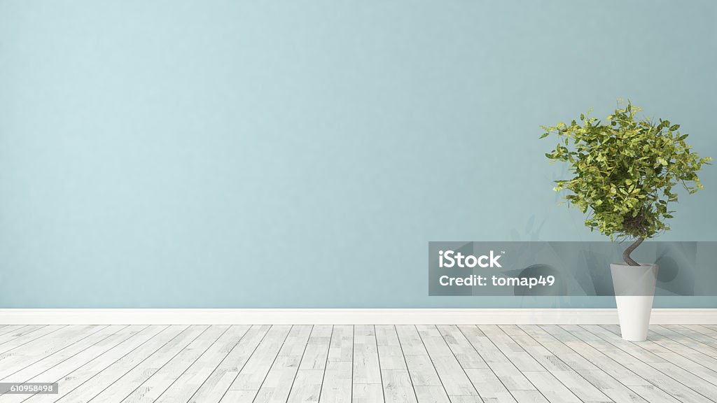 empty room with plant blue wall empty room with green plant in vase 3d rendering Wall - Building Feature Stock Photo