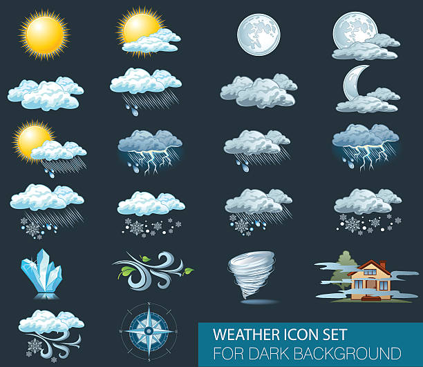 ilustraciones, imágenes clip art, dibujos animados e iconos de stock de iconos vectoriales de previsión meteorológica con fondo oscuro - rain tornado overcast storm