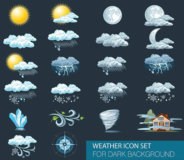 illustrazioni stock, clip art, cartoni animati e icone di tendenza di icone delle previsioni meteo vettoriali con sfondo scuro - lightning house storm rain