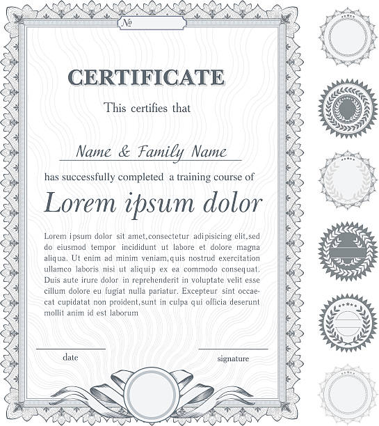 illustrations, cliparts, dessins animés et icônes de modèle de certificat vertical argent avec éléments de conception supplémentaires - certificate stock certificate diploma frame