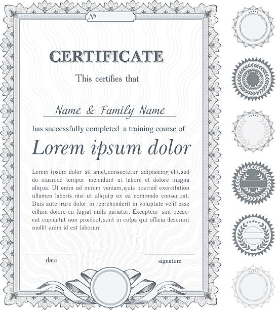 ilustrações de stock, clip art, desenhos animados e ícones de silver vertical certificate template with additional design elements - certificate diploma frame currency