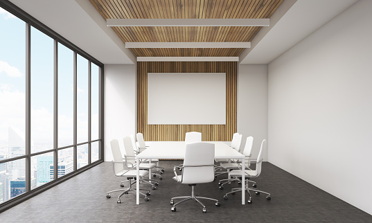Meeting room interior in modern office. Whiteboard, large window, table and leather chairs. Concept of business talk. 3d rendering. Mock up.