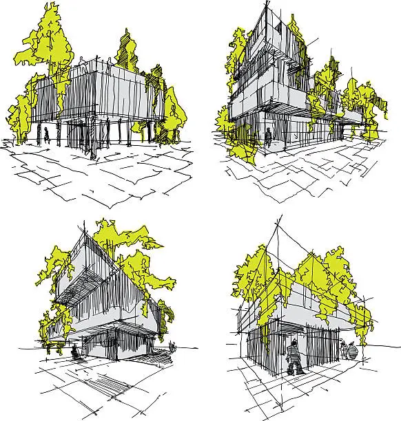 Vector illustration of four sketches of abstract modern architecture with green and trees