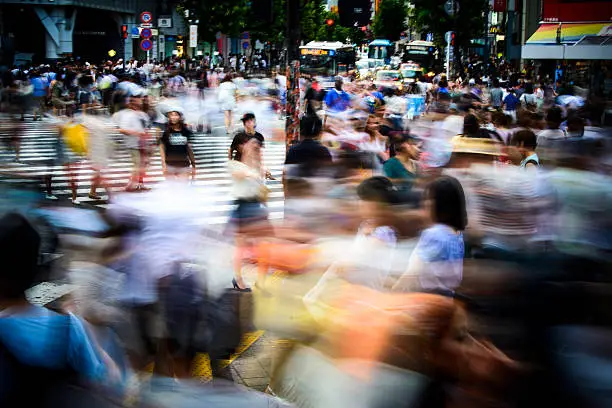 Motion blur on large crowd at the famous Shibuya Crossing in the Japanese capital
