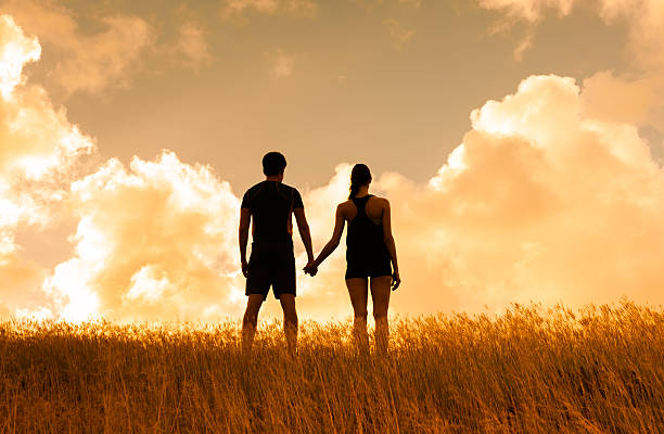 istock Couple in a field holding hands and watching sunset 610962830