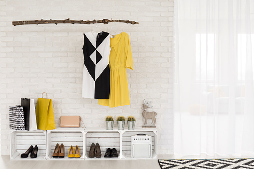 White brick wall in a hall of a modern woman's flat, with clothes hanger and shoe rack made of recyclable materials