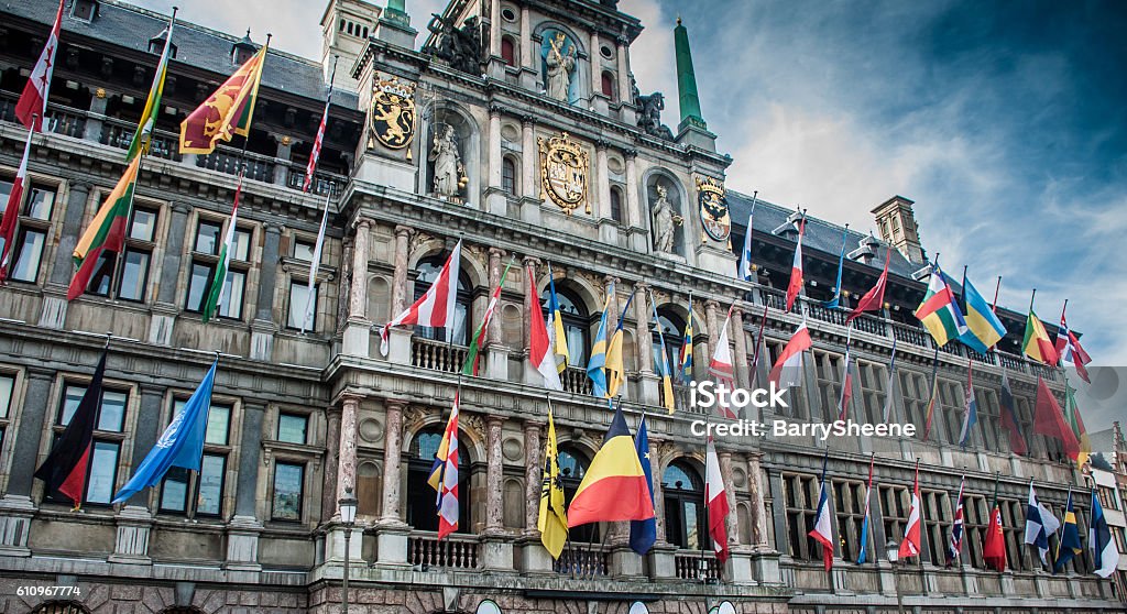 Flags of European union in Belgium Political concept with flag of the European Union (EU). Many flags in the center of European Union - Belgium Global Business Stock Photo