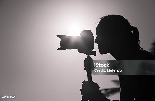 Female Photographer Taking Pictures Outdoor Stock Photo - Download Image Now - Photographer, Women, Black And White
