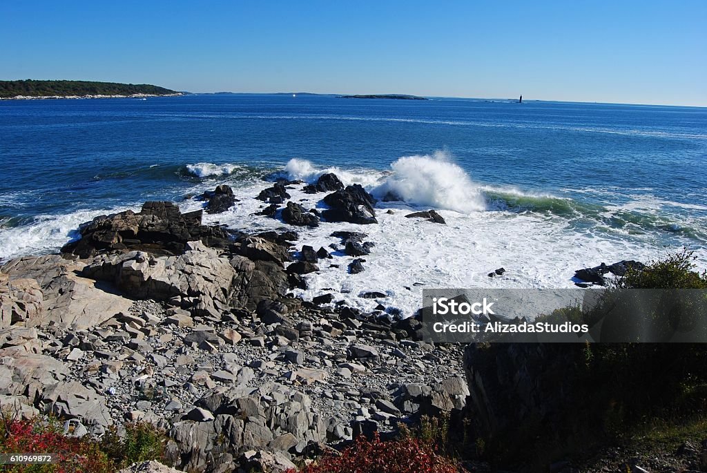 Rocky coastline of Cape Elizabeth in Maine. Rocky coastline of Cape Elizabeth in Portland, Maine, USA. Atlantic Ocean Stock Photo