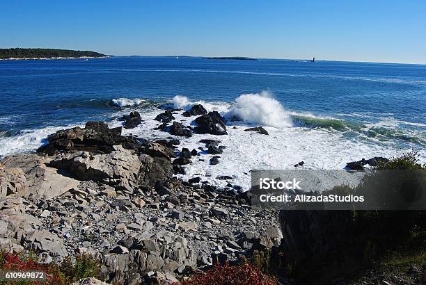 Rocky Coastline Of Cape Elizabeth In Maine Stock Photo - Download Image Now - Atlantic Ocean, Blue, Building Exterior