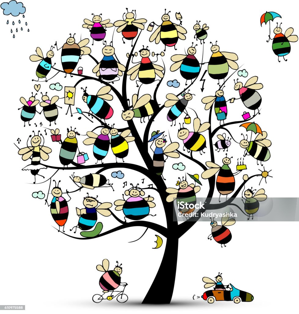 Art Tree With Family Bees Sketch For Your Design Stock ...