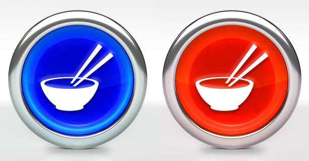 Bowl and Chopsticks Icon on Button with Metallic Rim