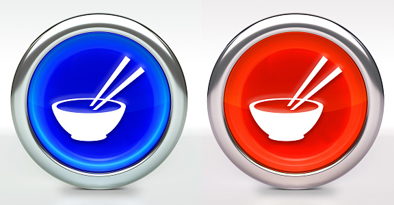 Bowl and Chopsticks Icon on Button with Metallic Rim. The icon comes in two versions blue and red and has a shiny metallic rim. The buttons have a slight shadow and are on a white background. The modern look of the buttons is very clean and will work perfectly for websites and mobile aps.