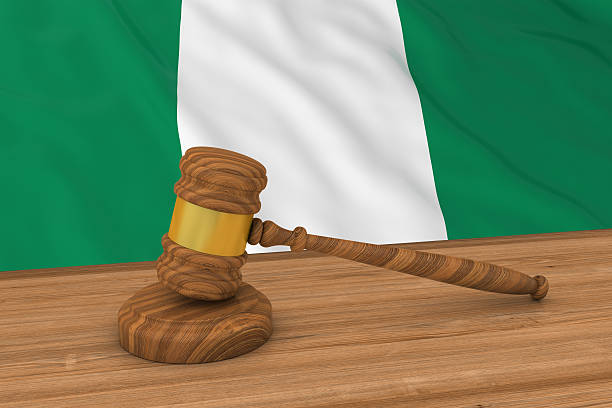 ナイジェリアの法律の概念 - 裁判官のガヴェルの背後にあるナイジェリアの旗 - nigerian flag nigerian culture three dimensional shape nigeria ストックフォトと画像