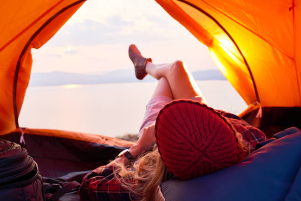 istock Resting woman in tent 610980496