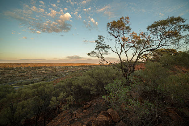 Sun setting down in the Australian outback Beautiful sun setting down on the Australian outback. Kings Canyon in the far horizon australian bush stock pictures, royalty-free photos & images