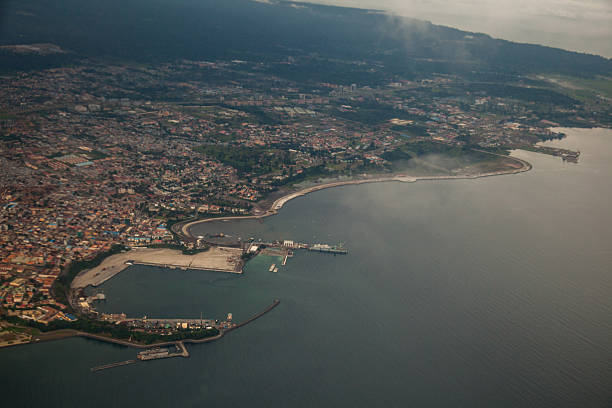Aerial view of Malabo´s harbour and promenade stock photo