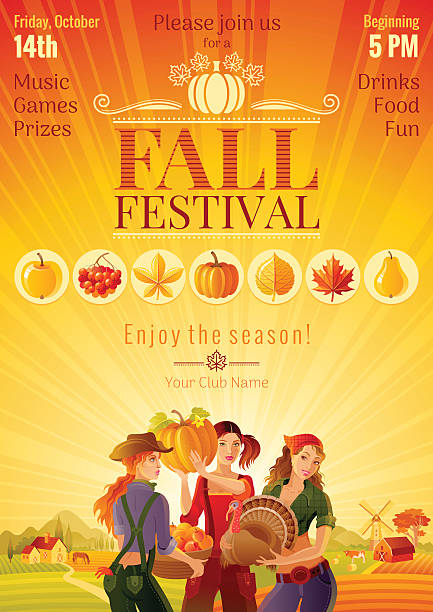 Autumn harvest festival invitation design. Fall thanksgiving party Vector illustration. Autumn harvest festival invitation design. Fall thanksgiving party, beautiful idyllic country landscape background, field, cute farmer girls, turkey, pumpkin. Logo text lettering. Vector illustration. harvest festival stock illustrations