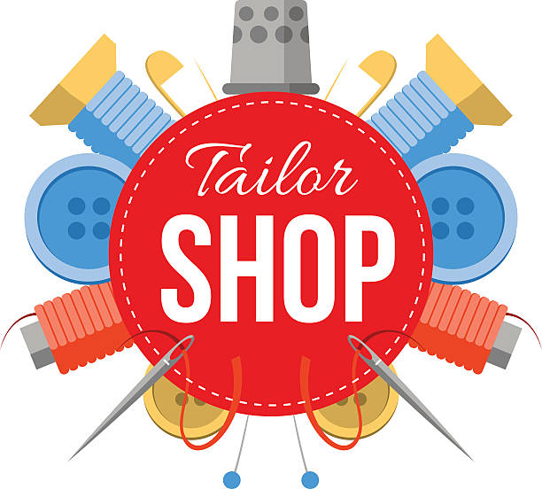 szycie znaku sklepu z rzeczy do szycia - guzik artykuł do szycia stock illustrations