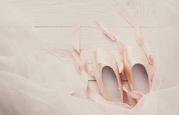 istock Pink ballet pointe shoes and tutu on white wood background 610983692