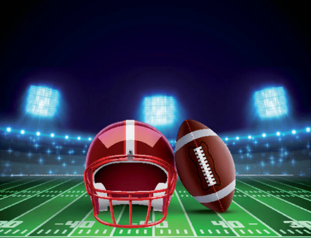 istock helmet ball and american football field eps 10 610988020