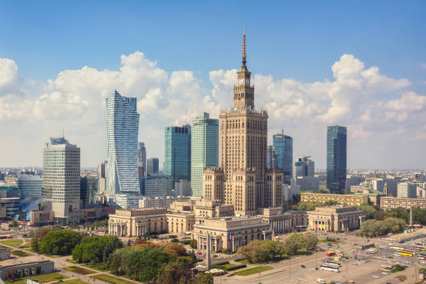 Skyline of Warsaw, Poland The skyline of central Warsaw at daytime. In the center stands the Palace of Culture and Science, an example of stalinist architecture from the 1950s. warsaw stock pictures, royalty-free photos & images