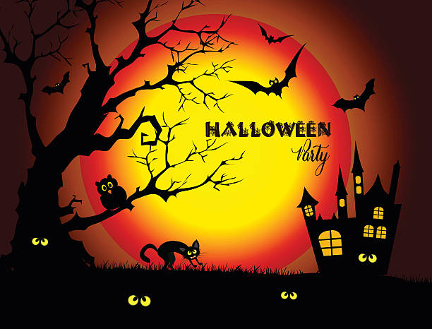 хэллоуин ночь фон с полной луны и черный кот. - bat halloween human eye horror stock illustrations