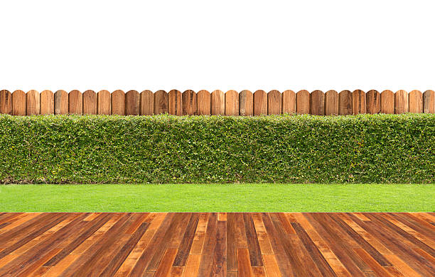 Lawn and wooden floor with hedge