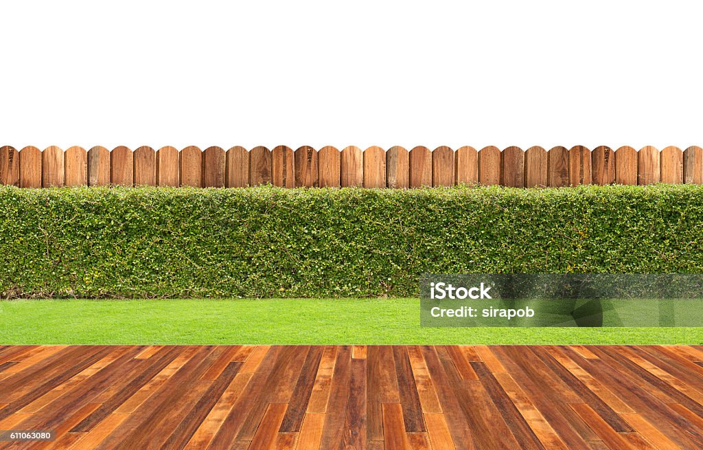 Lawn and wooden floor with hedge Lawn and wooden floor with hedge isolated. Yard - Grounds Stock Photo