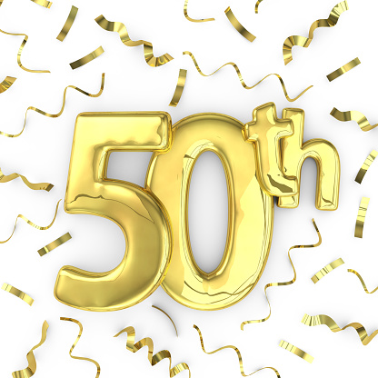 Gold 50th celebration party background. 3D render of gold metallic anniversary birthday numbers on a plain white background surrounded by confetti streamers.