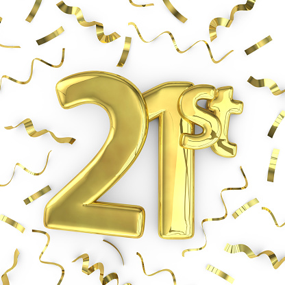 Gold 21st celebration party background. 3D render of gold metallic anniversary birthday numbers on a plain white background surrounded by confetti streamers.