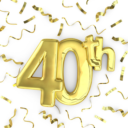 Gold 40th celebration party background. 3D render of gold metallic anniversary birthday numbers on a plain white background surrounded by confetti streamers.