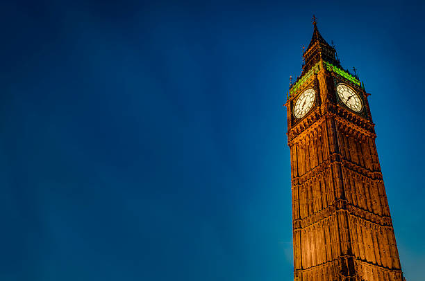 Big Ben at night with copyspace Closeup of Big Ben against the dark blue sky at night with copy space in Westminster, London, England, UK big ben photos stock pictures, royalty-free photos & images