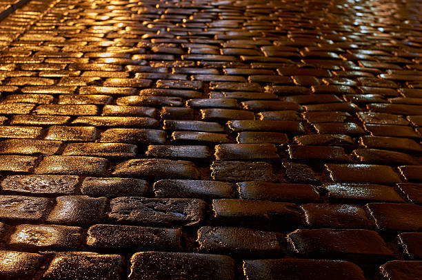 istock wet cobbled street in the rain 611069338
