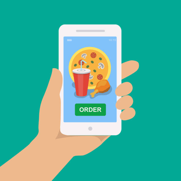 hand holding smartphone z pizzą, colą i kurczakiem - pizza one person service human hand stock illustrations