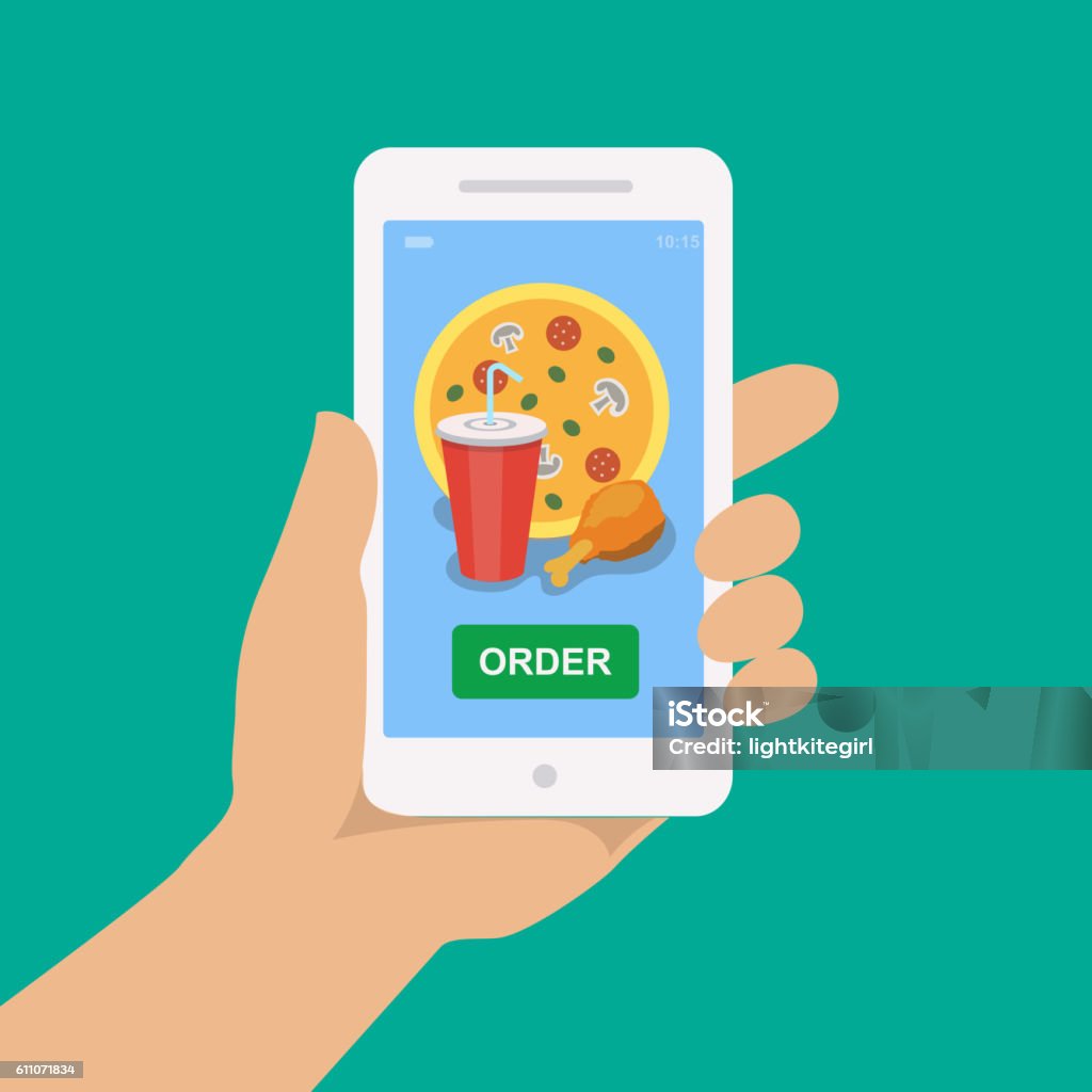 Hand holding smartphone with pizza, cola and chicken Hand holding smartphone with pizza, cola and chicken on the screen. Order fast food concept. Flat vector illustration. Food stock vector