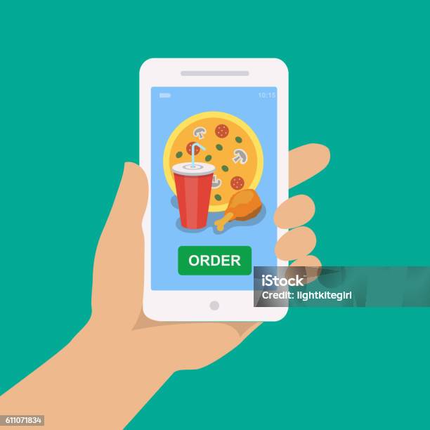 Hand Holding Smartphone With Pizza Cola And Chicken Stock Illustration - Download Image Now