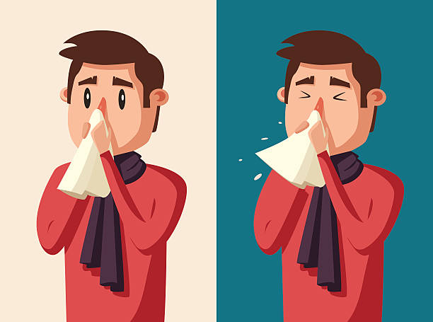 아픈 사람. 불행한 성격. 벡터 만화 일러스트레이션 - coughing virus bacterium sneezing stock illustrations