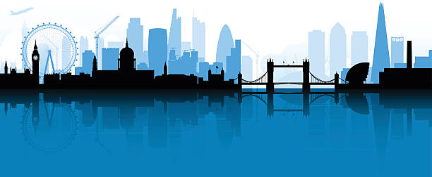 London Skyline Silhouette City of London silhouette background reflected in the Thames. Includes the most recent skyscrapers and landmarks, such as the shard and city hall. thames river stock illustrations