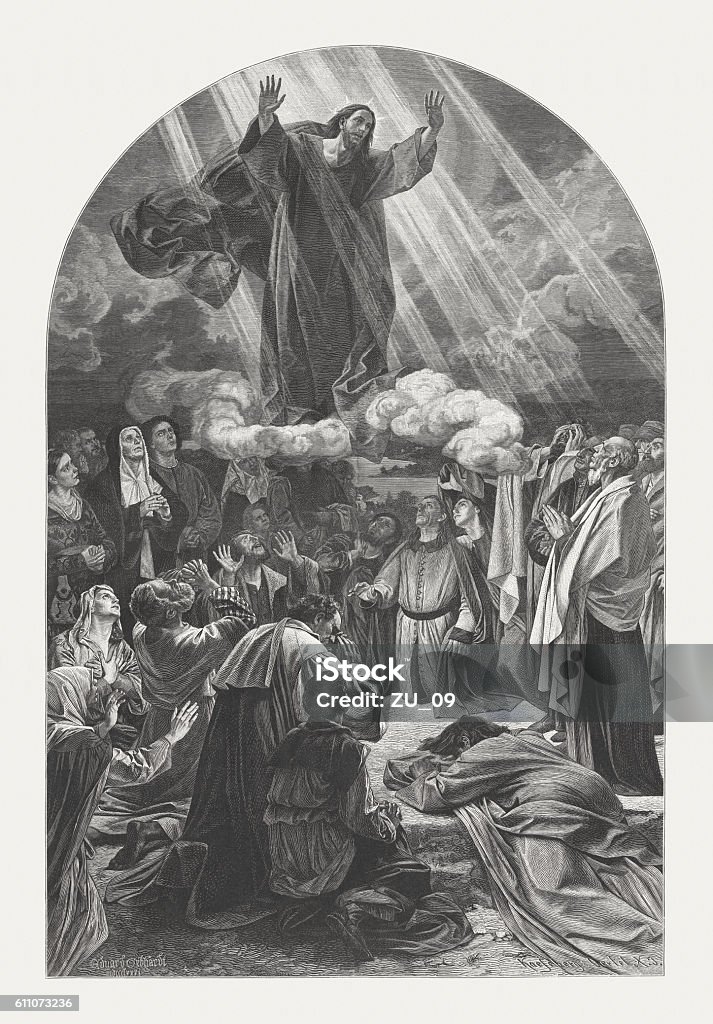 Ascension of Christ, wood engraving, published in 1882 Ascension of Christ. Wood engraving after a painting by Eduard von Gebhardt (German painter, 1838 - 1925) in the Old National Gallery, Berlin, published in 1882. Jesus Christ stock illustration